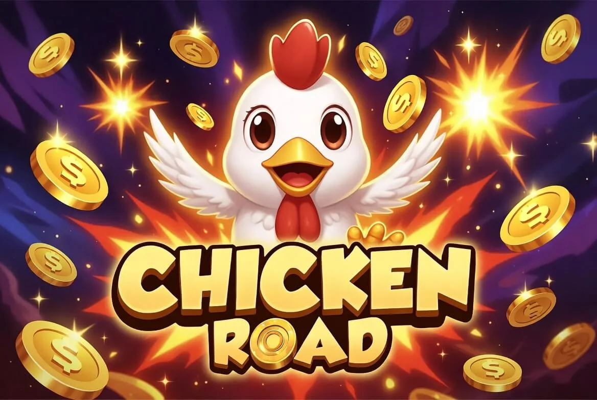 Экран слота Chicken Road с курицей и растущим множителем на дороге